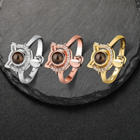 Bague de projection photo discrète « Je t'aime » en 100 langues, avec visage de chat, halo en zircon, or, ouverte et ajustable, cadeau pour les amoureux des chats