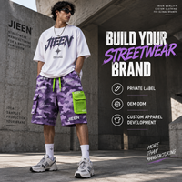 Shorts cargo streetwear personnalisés, fabricant de marques privées, shorts utilitaires camouflage violet, fournisseur de vêtements OEM ODM
