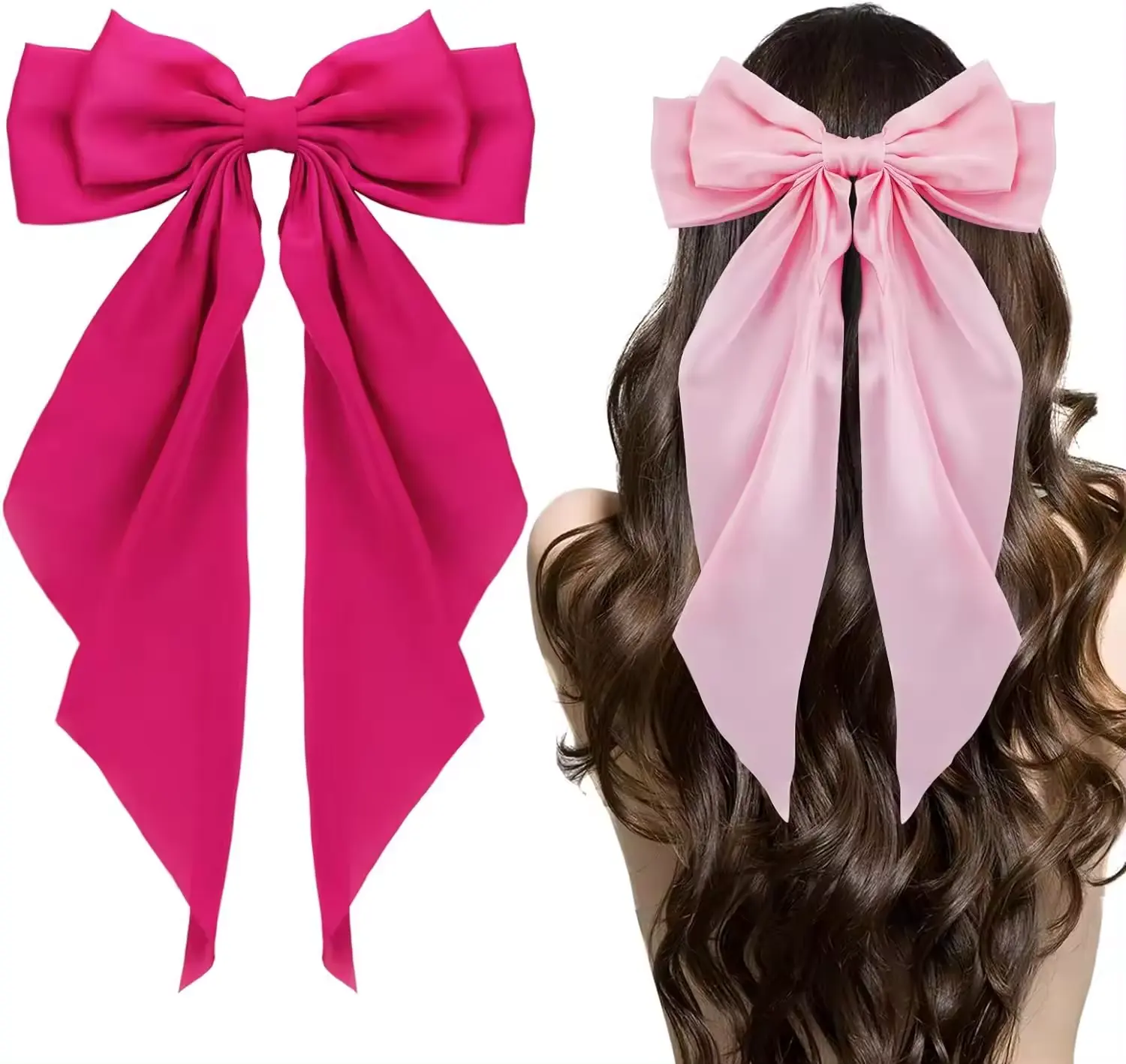 Màu hồng rắn màu sắc thanh lịch lụa satin lớn Bow cô gái barrettes Clip dài Ribbon hairgrips kẹp tóc kẹp tóc tóc phụ kiện cho phụ nữ