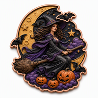 Pièces de monnaie en cuivre à haute relief, en cuivre pur .999, pièce commémorative Halloween Sorcière sur balai volant et Lune, avec impression UV colorée