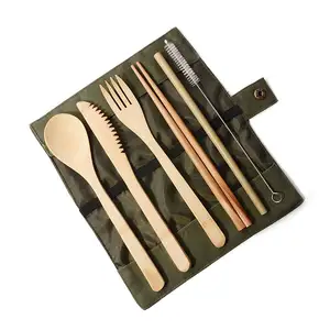 Set di posate in legno naturale con custodia da viaggio Kit di utensili riutilizzabili cucchiaio di bambù