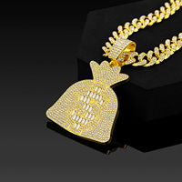Collier tendance Bling Bling Sac d'argent, Chaîne cubaine plaquée or 18 carats, Pendentif Hip Hop signe dollar en strass de cristal pour soirée