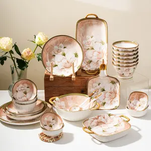 Retro Style Faint Yellow Vintage Camellias Dinnerware Sets Use For Home Dining Room Dishes & Bowls With Plate Ceramic Piece