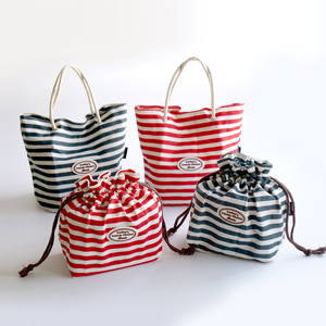 Sac à bento de style japonais, sac fourre-tout en coton et lin, boîte à lunch portable, sac de rangement pour étudiants, rayé rouge, bleu, vert - Product Image 3