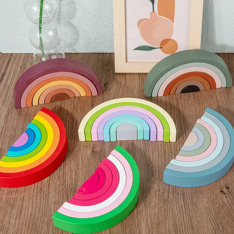 Montessori Educational Toys Large Rainbow Stacker Baby Stacking Toys Wooden Building Block Toy For Kids