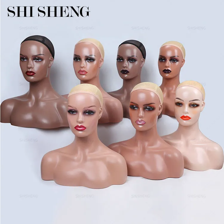 שי שנג סיטונאי מציאותי אפריקאי אמריקאי עפעף נשי בובת PVC ראש עם הכתפיים עבור תצוגת פאה