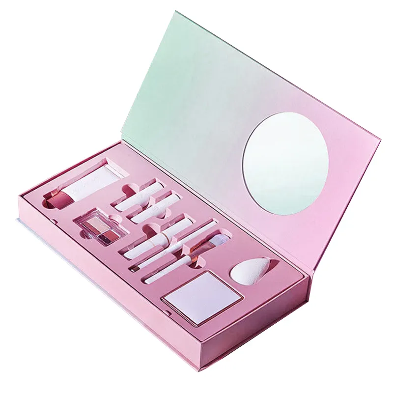 Maquillaje personalizado cosmético brillo de labios cuidado de la piel conjunto de embalaje caja de papel con logotipo caja de regalo de cierre magnético con espejo