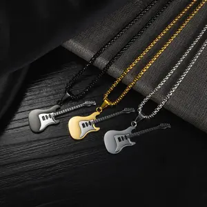 Personality trend Hip hop stainless steel guitar pendant Street classic hipster men stainless steel necklace