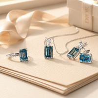 Ensemble de bijoux en diamant de laboratoire de qualité supérieure, coupe émeraude bleue, certifié IGI, or 14K 18K, pendentif, boucles d'oreilles et bague en diamant rectangulaire de luxe