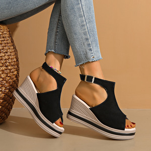 Women European and American Style Wedge <b>Sandals</b> Summer New Thick Sole Platform Hollow Buckle Peep Toe <b>Sandals</b> - Product Image 1