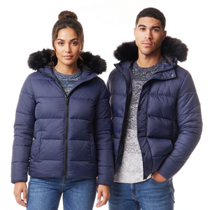 Unisex Navy Blue Puffer Jacket Mandarin Collar Windproof Waterproof Winter <b>Coat</b> Regular Fit Casual Zipper Closure Cotton Filled - Product Image 1