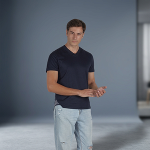 <b>Italy</b> Manufacturers <b>Men's</b> Casual Jersey V-Neck T-Shirts 100% Cotton 200 Grams Short Sleeve Solid Blank Design Blue - Product Image 3