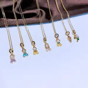 2024 Trendy Shiny Cartoon Colorful Cubic Zirconia Snow White Cinderella Belle Stainless Steel Chain Princess Pendant Necklace