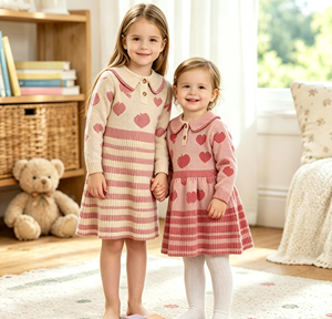 Robe en tricot pour fillette, personnalisée, à manches longues, motif pomme, col Peter Pan, ourlet rayé, robe pull pour enfant - Product Image 1
