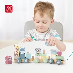 나무 어린이 교육 놀이 작은 동물원 동물 스태킹 기차 나무 스태킹 기차 장난감