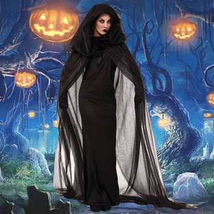 Disfraz de Fantasma de la Noche para Mujer, Capa Larga Negra con Capucha, Túnica de Bruja, Túnica de la Muerte, Disfraz de Halloween para Fiesta - Product Image 1