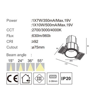 Mờ để ấm 7W 10W 13W thương mại Dimmable cutout 75mm thông minh AntiGlare Mini trimless lõm <span class=keywords><strong>COB</strong></span> <span class=keywords><strong>LED</strong></span> trần <span class=keywords><strong>Downlight</strong></span> - Product Image 2