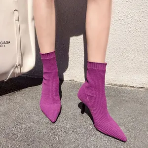 Bayanlar Stivali Donna 2022 sonbahar kadın topuklu moda ayakkabılar sivri burun örme desen çorap patik boyutu 42 yarım çizmeler