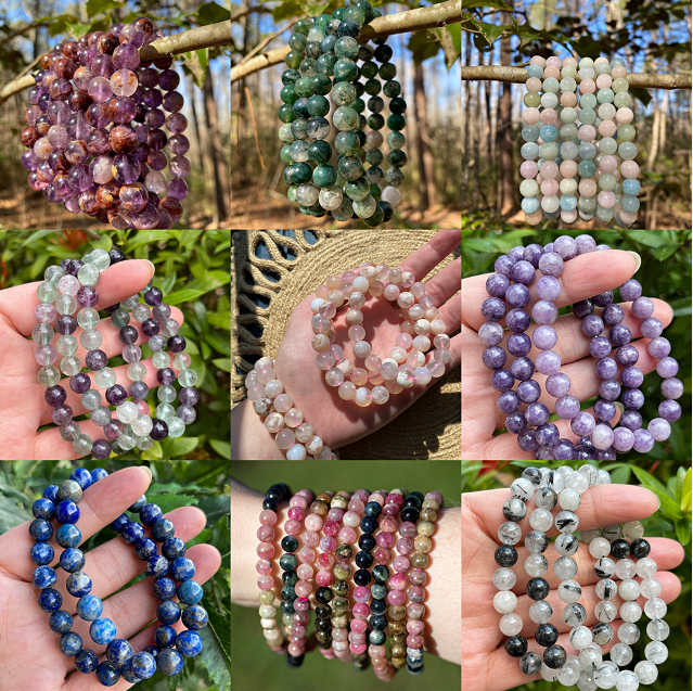 Konxi Edelstein Armband 4mm - Verstellbar Naturstein Armband Damen - Aventurin, Rosenquarz, Amethyst