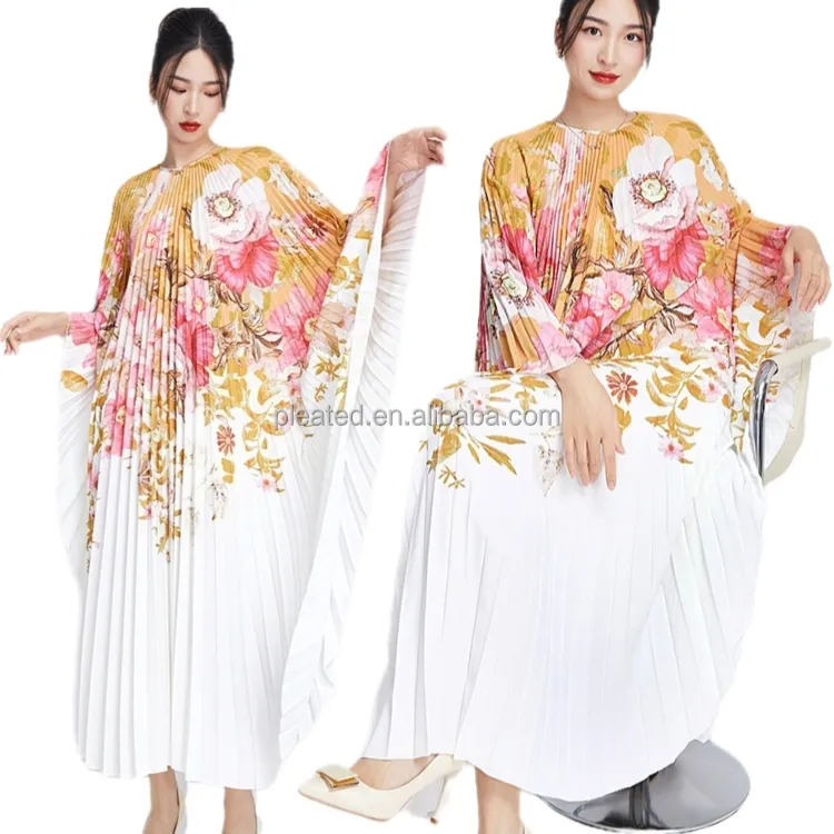Pleats Miyake Plus Size Long Shirt Loose Batwing Sleeve Wedding Easter Party Dress Black White Floral Long Dress Women
