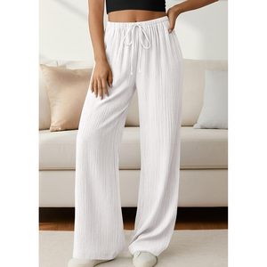 Pantalon palazzo pour femme, taille haute, jambes larges, cordon de serrage, fluide, pantalon de plage avec poches, tissu crêpe, respirant, style décontracté - Product Image 5