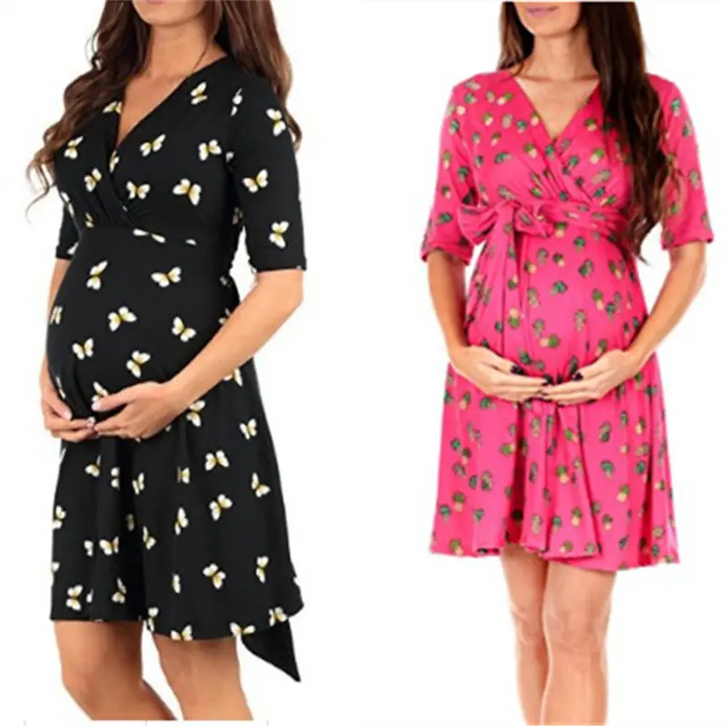 Euramerican Pregnancy Lady Short Sleeve Printing Clothing Dress Sexy V-neck Slim Waist Maternity Dresses For Pregnant Clothes