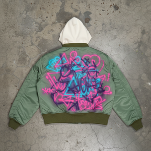 جاكيت بومبر بقلنسوة بتصميم أسود وأبيض مزدوج الطبقات مع طباعة مخصصة على الظهر من البوليستر - Product Image 5