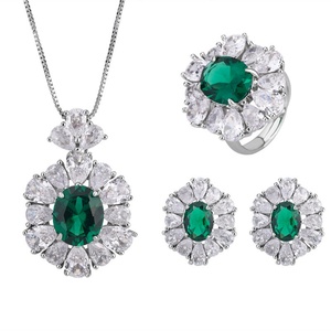 Fashion Jewelry Eco-friendly Copper Minimalist 10*12mm Green Zircon Floral Necklace Ring <b>Earring</b> <b>Sets</b> for Timeless Elegance - Product Image 1