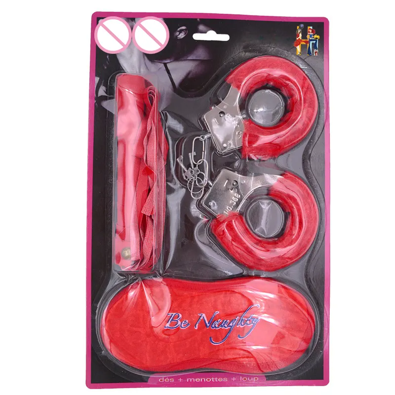 3 pz-set peluche manette in metallo sesso sculacciata frusta benda benda sull'occhio flirtare giocattoli Sexy esotici per gli amanti