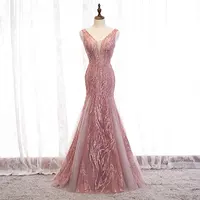Новейший дизайн, элегантное розовое вечернее платье с бусинами, кружевом, аппликацией русалки, V-образным вырезом, Бандажное вечернее платье