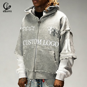 Custom Oversized Grey <b>Short</b> <b>Sleeve</b> Layered Design Distressed Fleece Streetwear <b>Men</b> Women Sport Number Back Zip up <b>Hoodie</b> for <b>Men</b> - Product Image 1