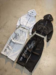 OEM Factory Custom Heavyweight French Terry <b>Set</b> Distressed Patch Embroidery Rhinestone Zip up Hoodie Tracksuits For Men - Product Image 1