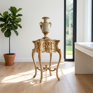 Table basse antique en teck massif sculpté à la main, dorée, mobile, légère et écologique - Product Image 4