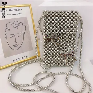 最新设计时尚金属银珠手工手机包和带蝴蝶结的手机包