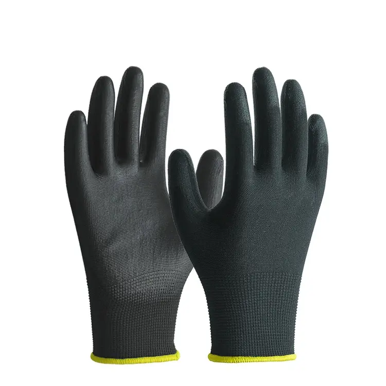 Gants de travail de sécurité en coton Pu noir Gants de travail de protection industrielle Gants de jardin de sécurité pour la construction Vente en gros