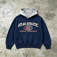 Sweat-shirt à capuche épais Atlas Athletic, effet délavé vintage, capuche contrastante grise, motif graphique programme sportif bleu marine, style streetwear