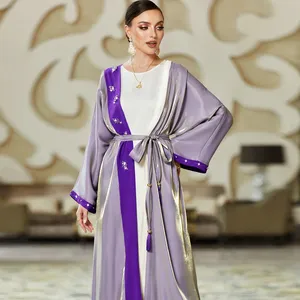 Diskon besar desain baru wanita Abay dua potong Set berlian desain Kimono pinggang tinggi depan terbuka Abaya