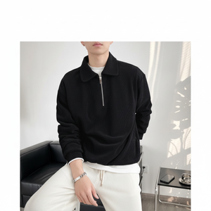 Maglione da Golf da uomo plissettato mezza Zip a manica lunga Overfit t-shirt da uomo a uomo con pieghe mirate per Comfort e stile - Product Image 1