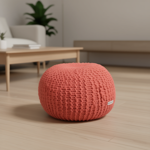 Knitted Cotton <b>Round</b> Pouf Coral Color Modern Elegant <b>Stool</b> Ottoman Living Room Furniture Home Decor - Product Image 2