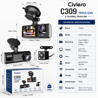 Caméra embarquée Civiero 1080P double objectif avec WiFi, boîte noire de voiture, enregistreur de conduite, caméra de recul