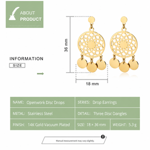Pendientes de disco calados de acero inoxidable chapados en oro de 14K al vacío, con tres colgantes de 36 mm, joyería - Product Image 2