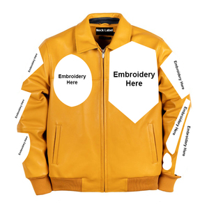 Men's Yellow Pu Leather Bomber Jacket Front Zipper Embroidery Casual Autumn Style Turn-down Collar Regular Fit - Product Image 1