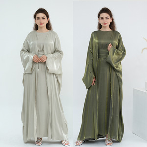 Shiny 2 Piece Abaya Set Open Front Muslim Women <b>Dress</b> <b>Long</b> Sleeve Inner Slip <b>Dress</b> <b>for</b> <b>Eid</b> Daily Wear - Product Image 4