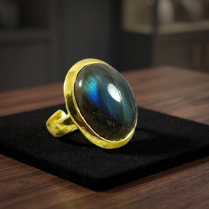SOUMYA CREATIONS Adjustable Brass <b>Ring</b> <b>18K</b> <b>Gold</b> Plated Labradorite Gemstone Oval Casual Style Bezel Setting Unisex Free Size - Product Image 1