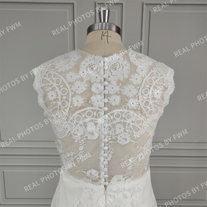 100% vraies Photos bohême balayage Train sans manches sirène dentelle robe de mariée col rond Appliques robe de mariée pour les femmes sur mesure - Product Image 4