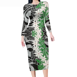 <span class=keywords><strong>Abiti</strong></span> Lunghi Floreali Personalizzati da Donna con Stampa Polinesiana Samoana Motivo delle Isole del Pacifico Abito Aderente a Maniche Lunghe Tribale 2024 - Product Image 4