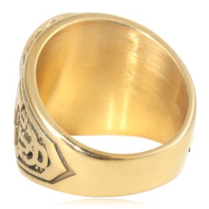 Yunnique Men's <b>Gold</b> Tone Steel <b>Ring</b> Red Rhinestone Geometric Bezel Setting Letter Design Vintage Military Style Fashion Jewelry - Product Image 4