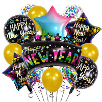 Joyeux Nouvel An : Ensemble de ballons en latex et aluminium, confettis noirs et or, ballons étoiles pour la décoration de fête du réveillon du Nouvel An