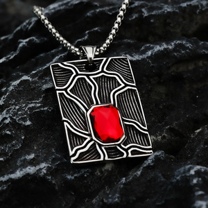 Stainless Steel Geometric Pendant With Red <b>Ruby</b> Inlay For Men <b>Necklace</b> Charm Asymmetry Design Gift Jewelry - Product Image 2