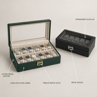 Boîte de présentation pour 12 montres en cuir grain litchi avec couvercle en verre, doublure en peluche et quincaillerie dorée/argentée – Vente en gros